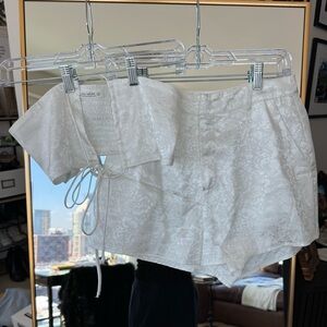 White Floral Jacquard Tie-Front Shorts Set